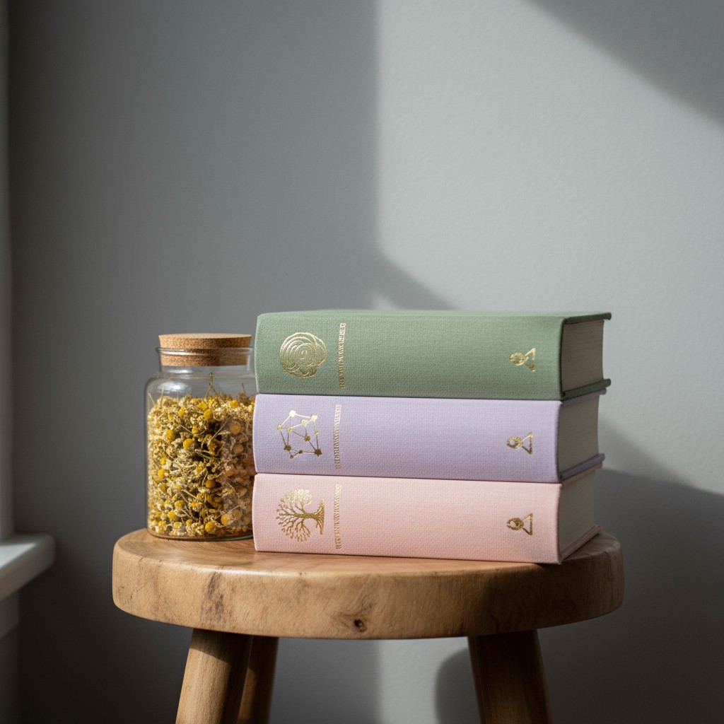 Une photo de trois livres avec un jade, un lavande et un rose, au dos desquels des motifs dorés, sur une petite table, sur...