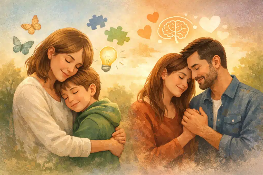 Illustration d'une mère avec son enfant et d'un couple, symbolisant l'Accompagnement Proche Neuroatypique - L'Envolée des Chrysalides