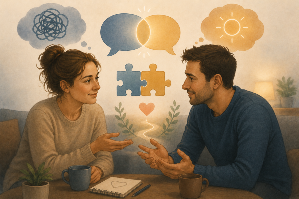 Couple en dialogue apaisé retrouvant une communication bienveillante grâce à l'accompagnement neuroatypie — L'Envolée des Chrysalides