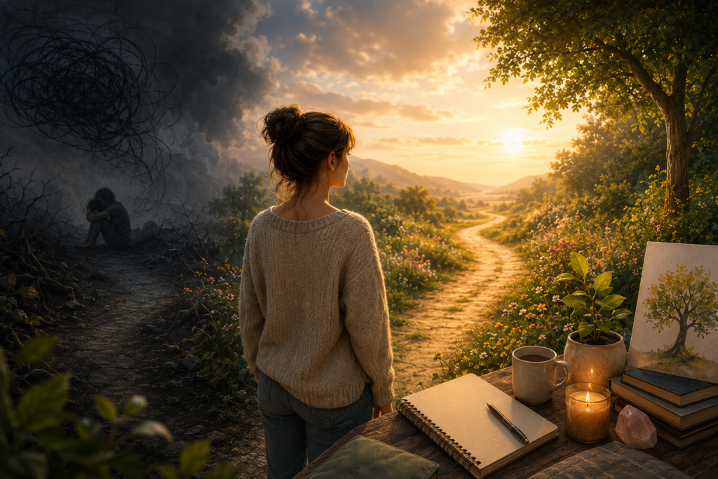 Accompagnement neuroatypie : femme regardant un chemin lumineux après une période sombre