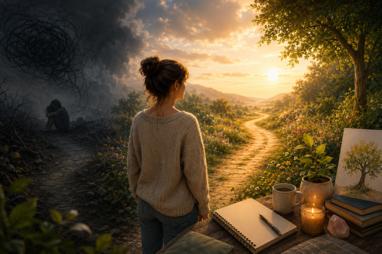 Accompagnement neuroatypique-femme neuroatypique regardant un chemin lumineux, symbole d'un accompagnement honnête vers la compréhension de soi