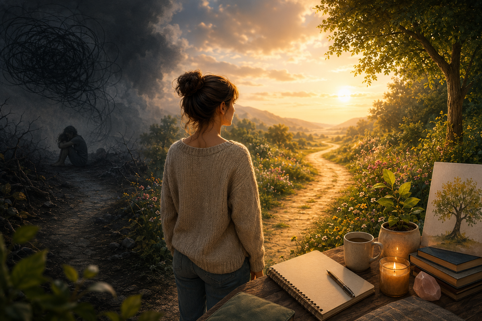 Accompagnement neuroatypique-femme neuroatypique regardant un chemin lumineux, symbole d'un accompagnement honnête vers la compréhension de soi