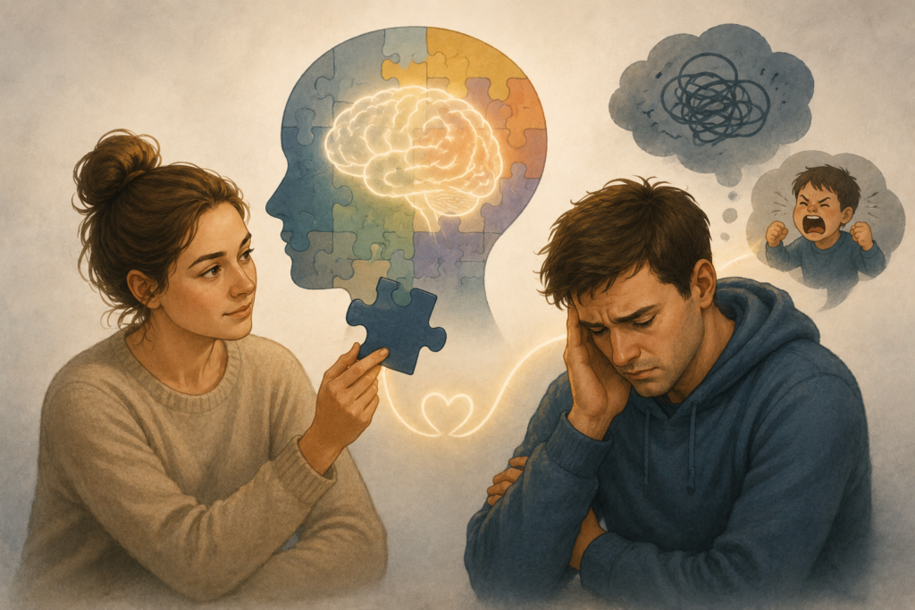 Femme aidant son proche à comprendre son fonctionnement neuroatypique — L'Envolée des Chrysalides