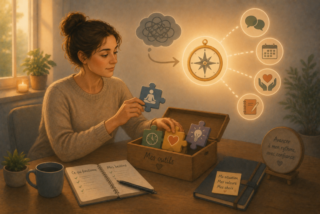 Femme construisant sa boîte à outils personnelle pour trouver ses repères en tant qu'aidante de proche neuroatypique — L'Envolée des Chrysalides